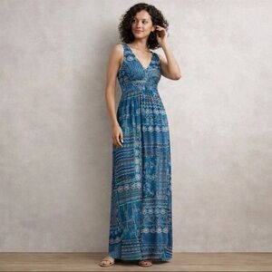Anthropologie Weston Boho Print Tiered Blue Maxi Dress Patchwork Size M